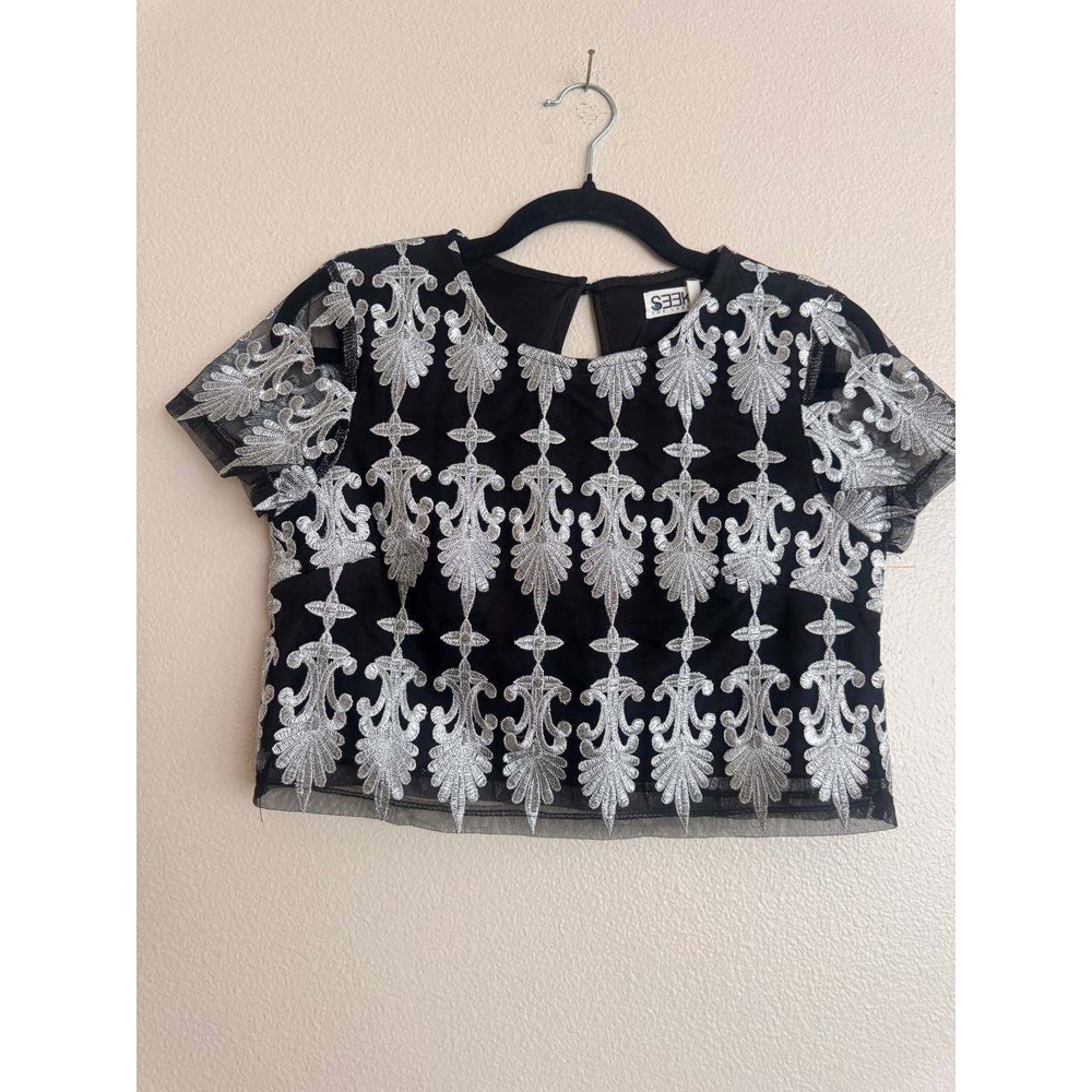 SEEK The Label Black Silver Embroidered Mesh Blouse S Coquette Girl Y2K Festival
